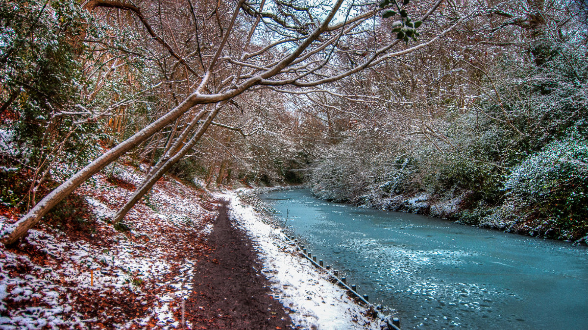 Snow-dusted woodland path running alongside a partially frozen river surrounded by bare trees.
