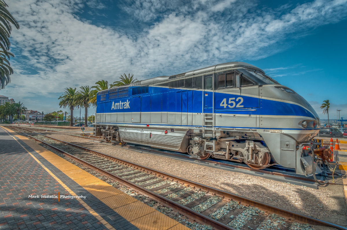Blue and silver Amtrak train number 452 stationary on railway tracks with palm trees and partly cloudy sky in the background.